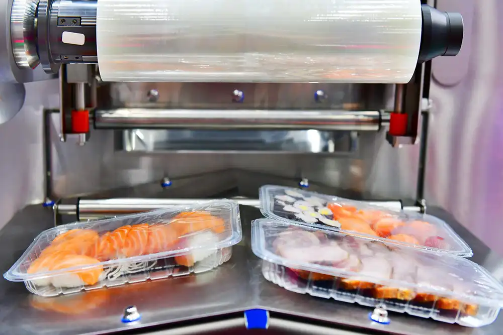 Confezionatrice sottovuoto in funzione con vaschette alimentari sigillate contenenti sushi, a rappresentare igiene, sicurezza e conservazione ottimale dei prodotti freschi.