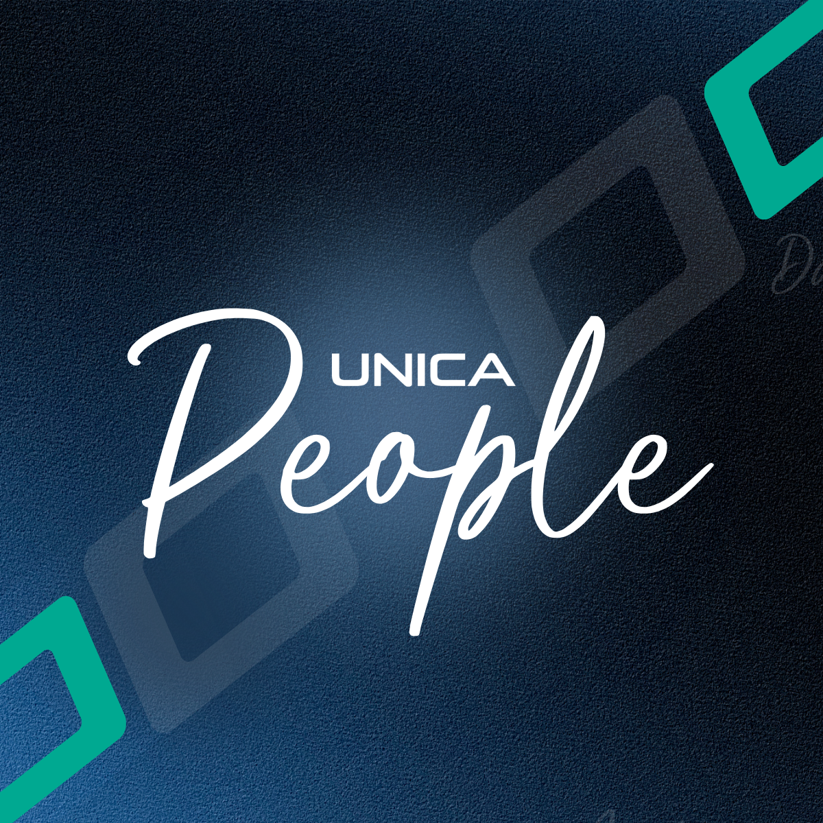 Logo Unica People in corsivo bianco su sfondo blu scuro con rombi verdi: la serie che racconta le persone di Unica Packaging