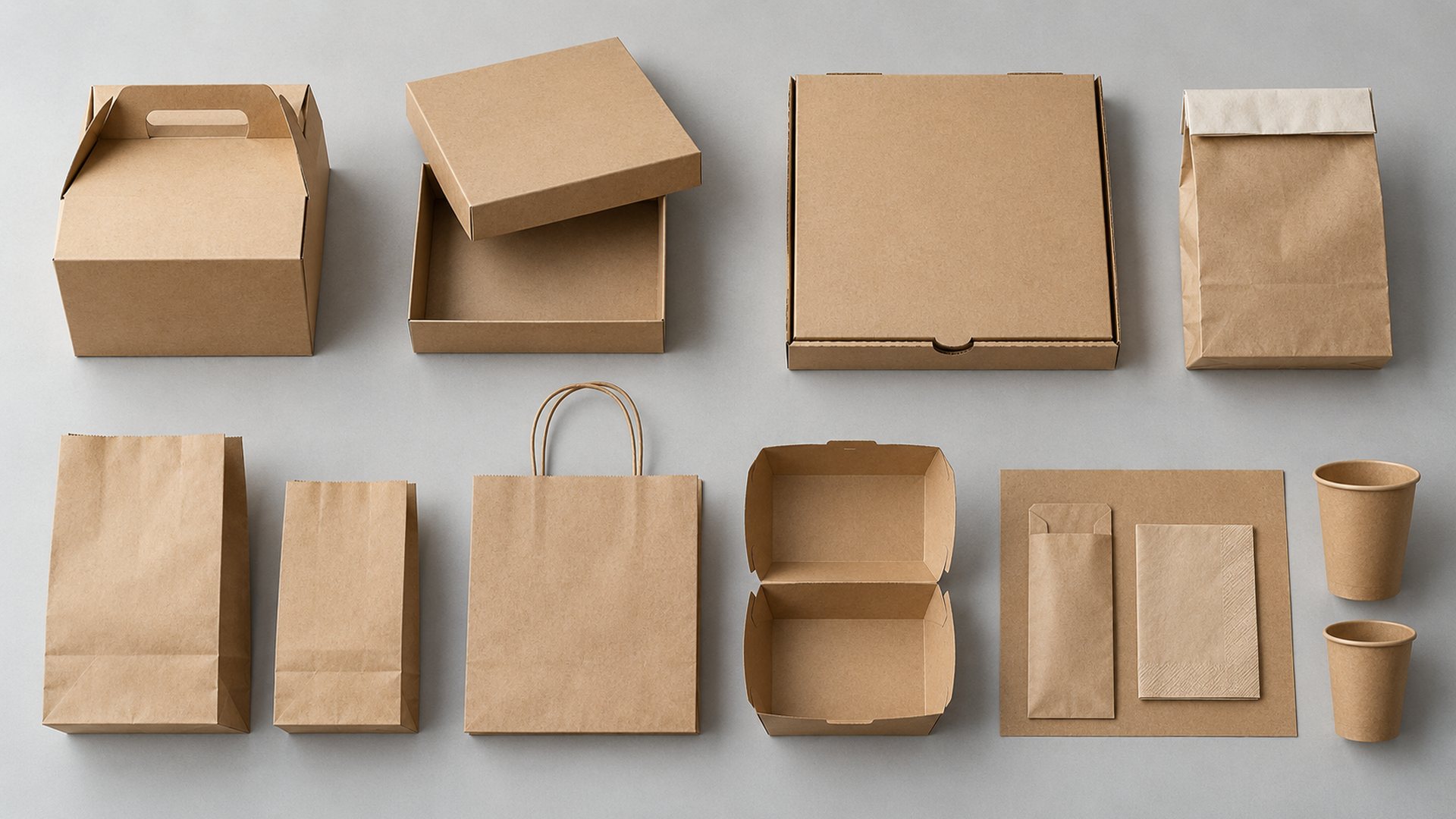 Packaging alimentare in carta avana senza stampa visto dall&rsquo;alto: scatola per pasticceria con manico, scatola per torta, cartone pizza, sacchetti, shopper, box da asporto, tovaglietta con portaposate e bicchieri