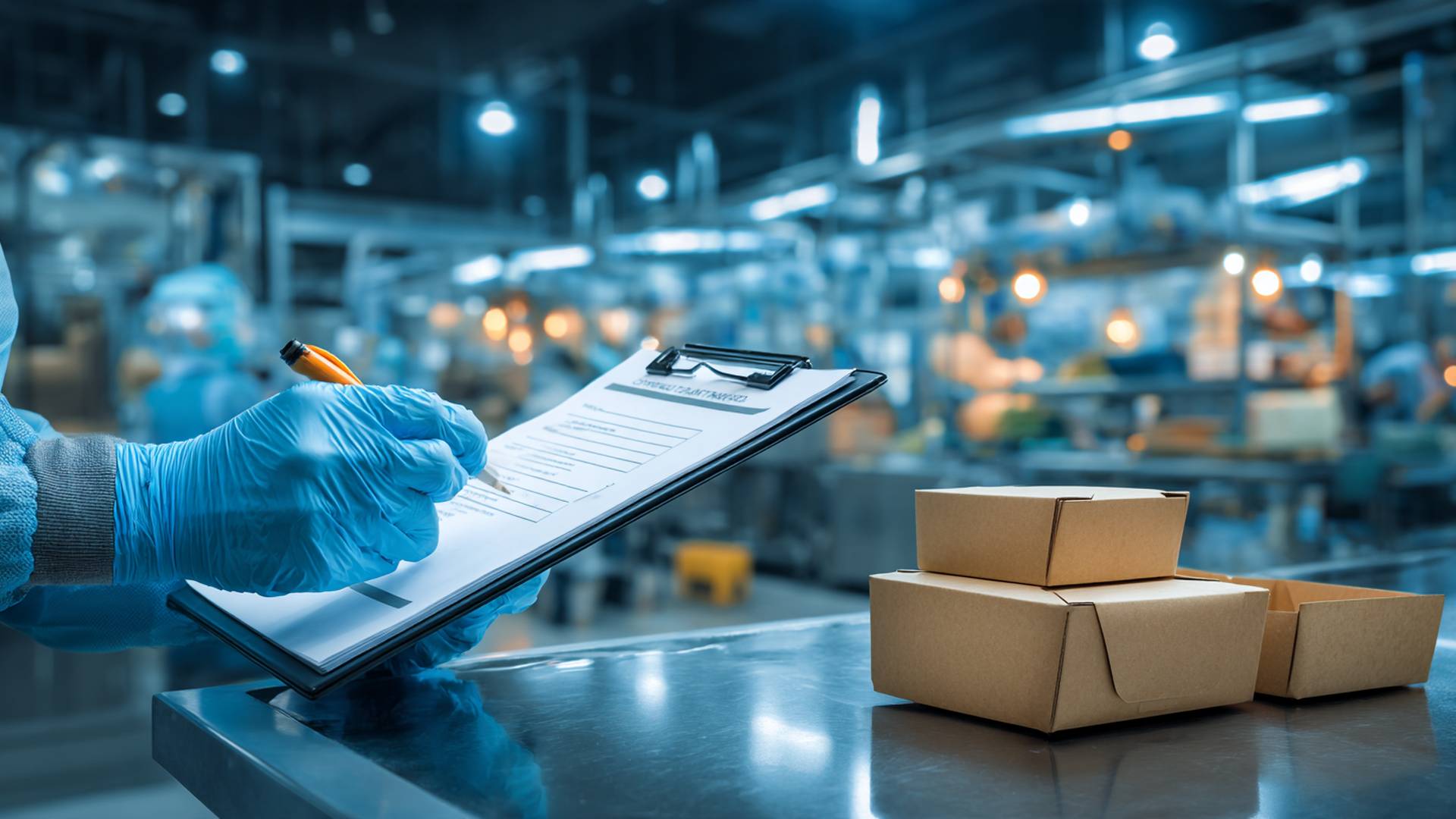 Operatore con guanti blu compila una checklist di controllo accanto a scatole in cartone kraft in un magazzino di packaging