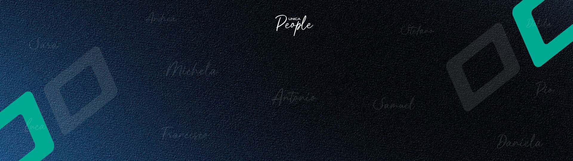 Logo Unica People su sfondo blu scuro con i nomi scritti a mano delle persone di Unica